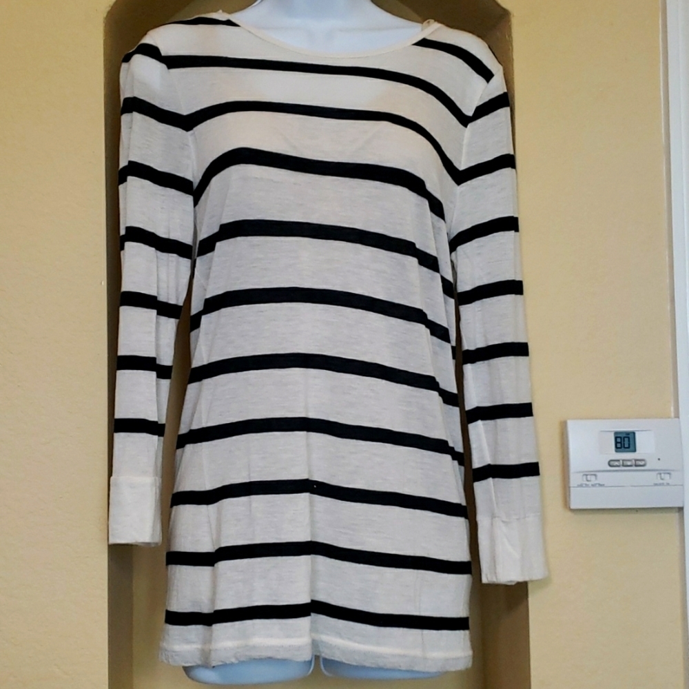 J. Crew sheer striped 3/4 sleeved scoop neck black white